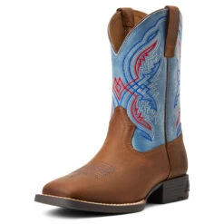 'Ariat' Youth Double Kicker Square Toe - Distressed Brown / Stone Blue -Ariat Deals Store S22 YTH WEST 10040247 3 4 front 1024x1024@2x